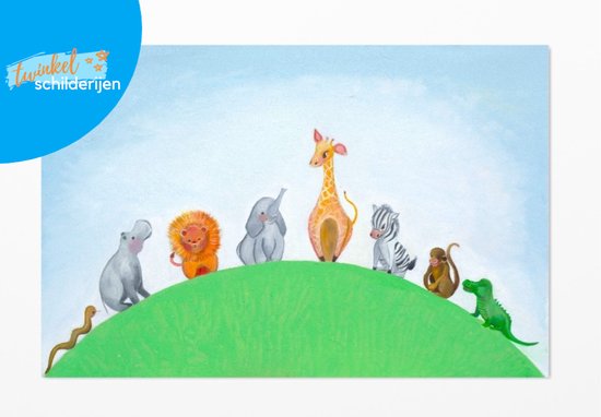 Poster kinderkamer dieren - De jungle dieren - Olifant Leeuw Zebra Giraffe - Poster wanddecoratie kinderkamer en babykamer - Muurdecoratie - Schilderij en prent 40x60cm - Twinkelschilderijen | Incl GRATIS ophangsysteem |