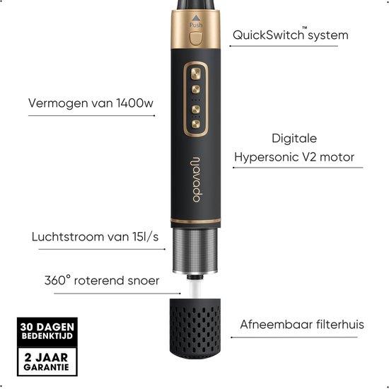 Navado Airstyler - Easystyler Pro - Fohnborstel & Krulborstel - Krultang 6 in 1 Multistyler - Hairwrap - Haarstyler voor alle haartypes - Zwart