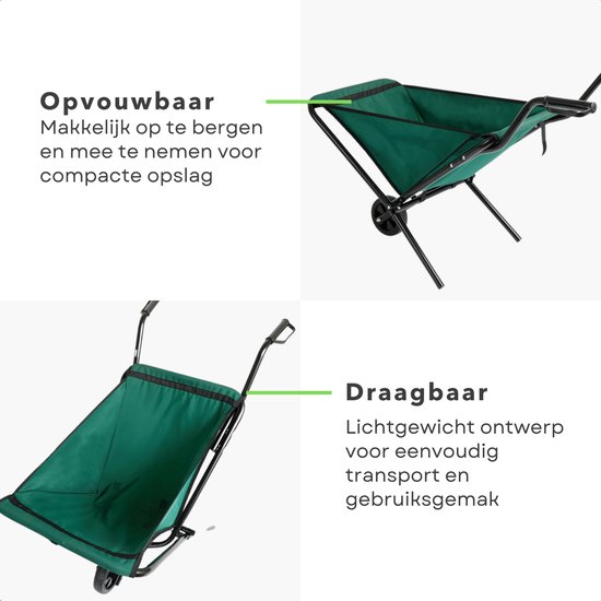 Gedetailleerde weergave van de groene, opvouwbare kruiwagen.