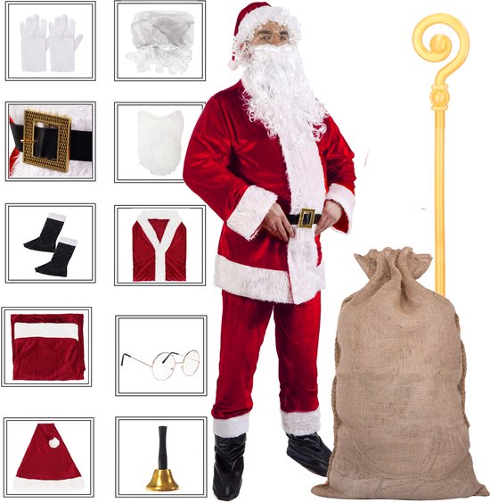 Rood en wit kerstman kostuum met veel accessoires: jas, broek, muts, baard, handschoenen, riem, laarzen, staf en zak.