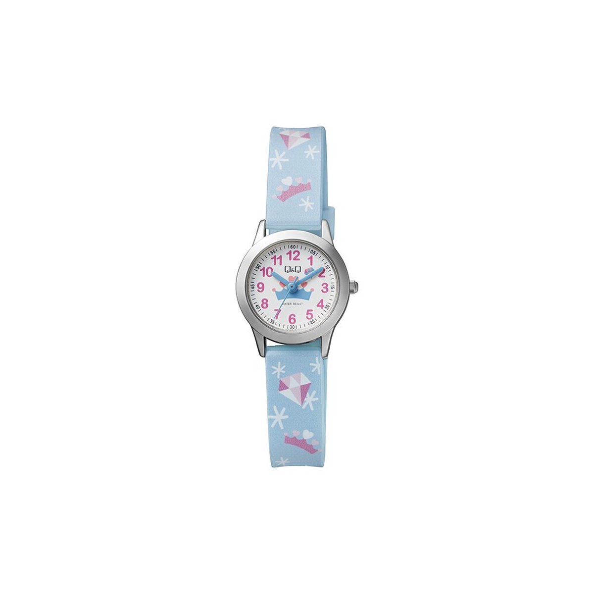 QQ QC29J314Y - Horloge - Analoog - Kinderen - Vrouwen - Plastic band - Rond - Cijfers - Metaal - Sterretjes - Lichtblauw - Zilverkleurig - Wit - Roze