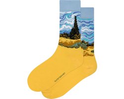 Kunst sokken - Korenveld met Cipressen: Vincent van Gogh - Sokken Dames 36 40 - Biologisch Katoenen Sokken - funny socks happy - Vrolijke Sokken - Grappige Sokken - Sokken Cadeau