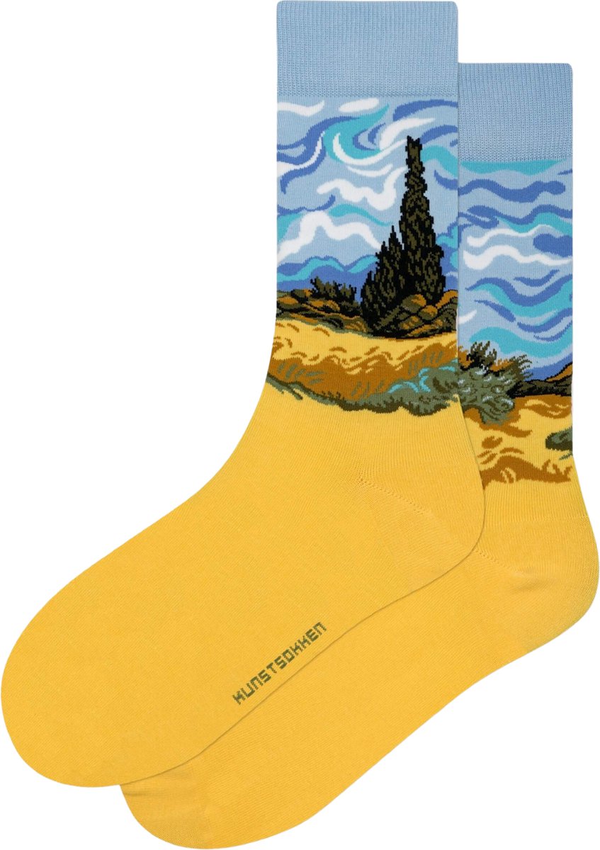 Kunst sokken - Korenveld met Cipressen: Vincent van Gogh - Sokken Dames 36 40 - Biologisch Katoenen Sokken - funny socks happy - Vrolijke Sokken - Grappige Sokken - Sokken Cadeau