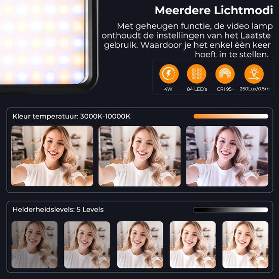 Drie foto's van een vrouw die een selfie maakt, met een LED-videolamp, variërend in kleurtemperatuur.
