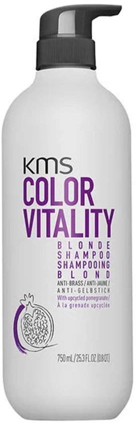 KMS Color Vitality Blonde Shampoo 750ml pompflacon met granaatappel-illustratie.