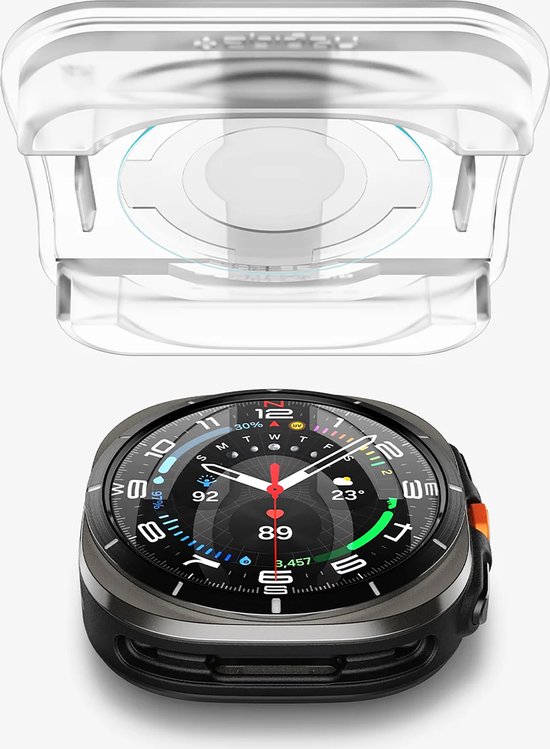 Smartwatch met oranje bandje en transparante installatiehulp.