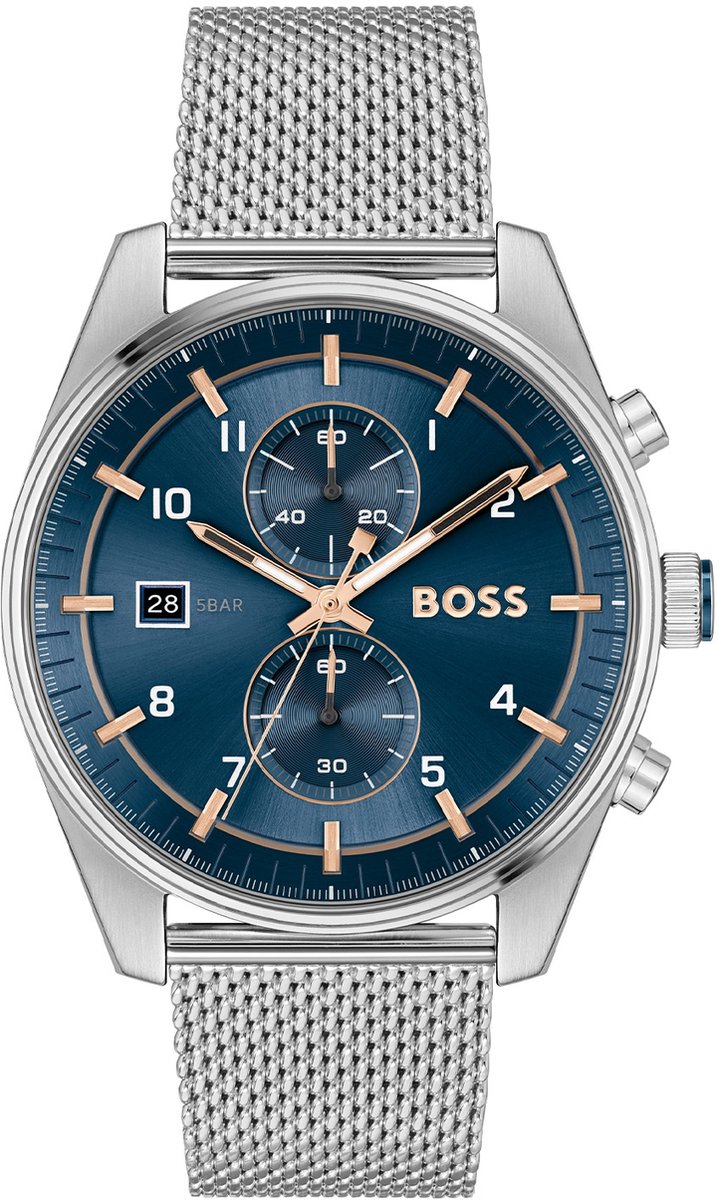 BOSS HB1514149 SKYTRAVELLER Heren Horloge - Chronograaf - Mineraalglas - Staal - Zilverkleurig - 44 mm breed - Quartz - Druksluiting - 5 ATM (douchen)