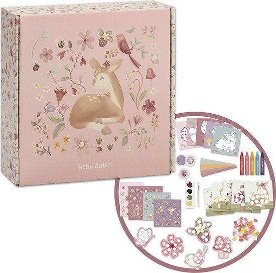 Roze knutseldoos met afbeelding van een hertje en bloemen. Naast de doos de inhoud: stickers, mozaïek, kleurpotloden, waterverf.