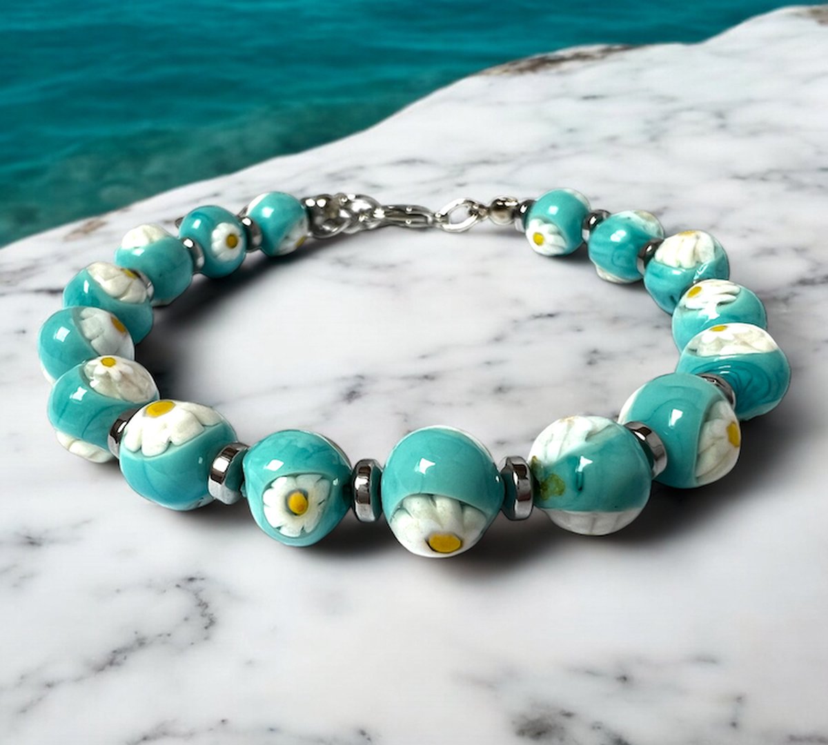 Corte Murrina - Murano glas armband - 'San Remo' Turchese - Turqoise - Gebloemd - 21cm - Exclusief bij Bella Murano