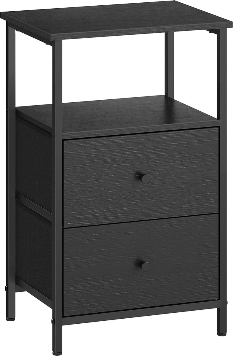 FurnStar - Nachtkastje - bijzettafel met 2 stoffen laden - salontafel met planken - 61 cm hoog - voor woonkamer - slaapkamer - aszwart-inktzwart-matzwart