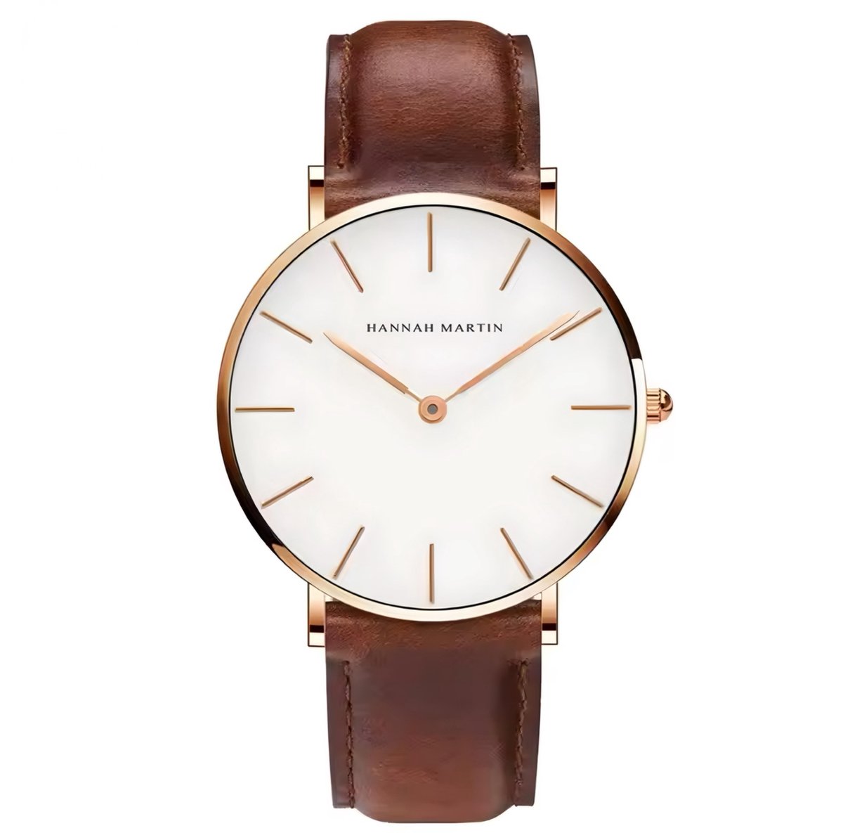 Hannah Martin Unisex Horloge | Bruin Lederen Polsband | Rose Goudkleurig Horlogekast | Wit Wijzerplaat |