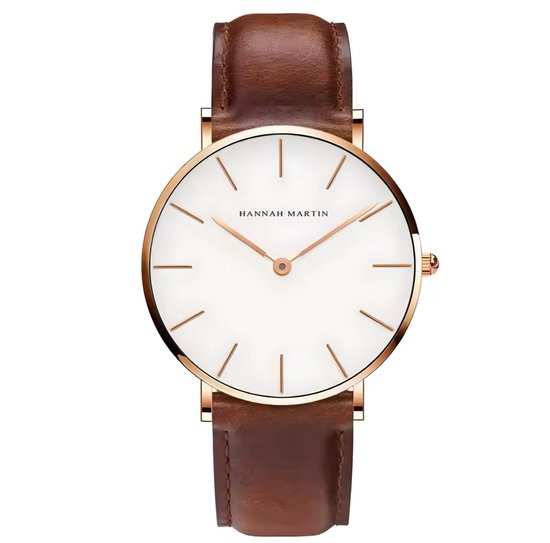Montre unisexe Hannah Martin | Bracelet en cuir marron | Boîtier de montre couleur or rose | Cadran Wit |