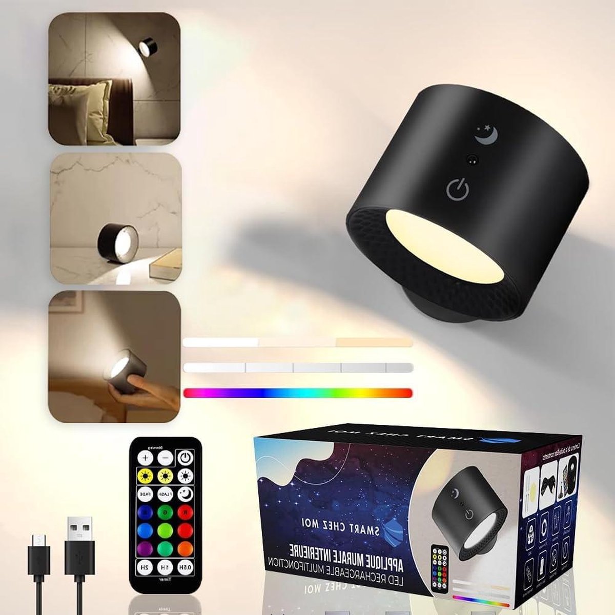 Dubbele kop Draadloze LED wandlamp met afstandsbediening en touchscreen - Oplaadbaar en 360 graden draaibaar - Zwart wandlamp oplaadbaar