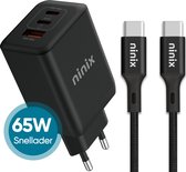 Ninix Snellader GaN2 65W - 3 Poorten - 1,5 m USB-C Kabel - Gecertificeerd - USB C Adapter - Snellader usb c - Usb c lader - Usb c oplader - Universeel