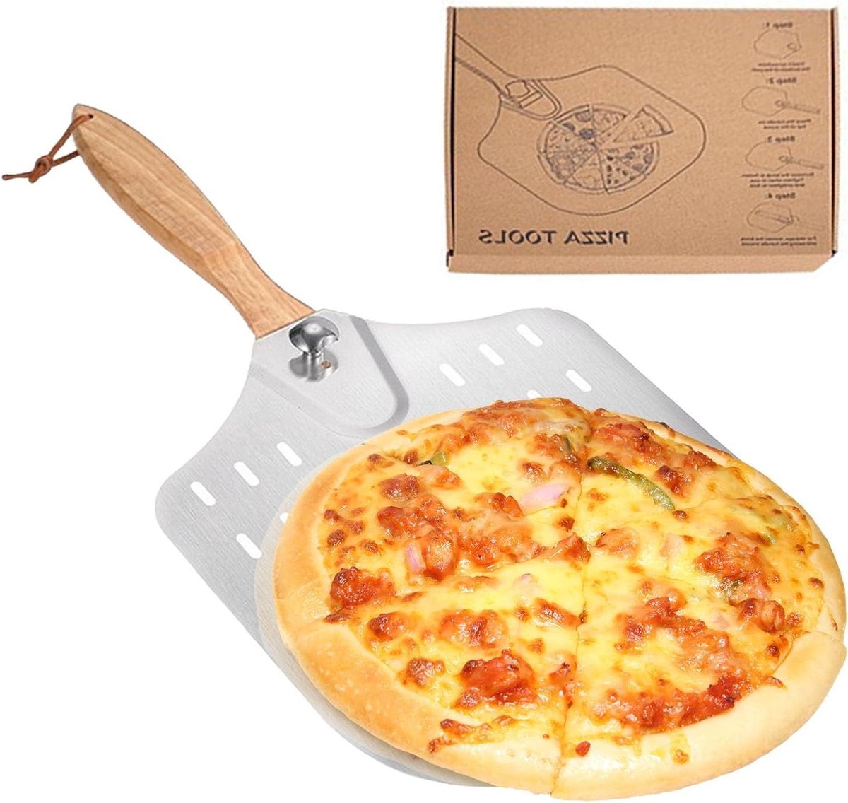 Aluminum Pizza Peel 30.5 x 35cm with Foldable Wooden Handle Pizza Cutter 35cm Pizza Rocker Cutter Perfect for Baking Pizza Bread Cookies and Pies