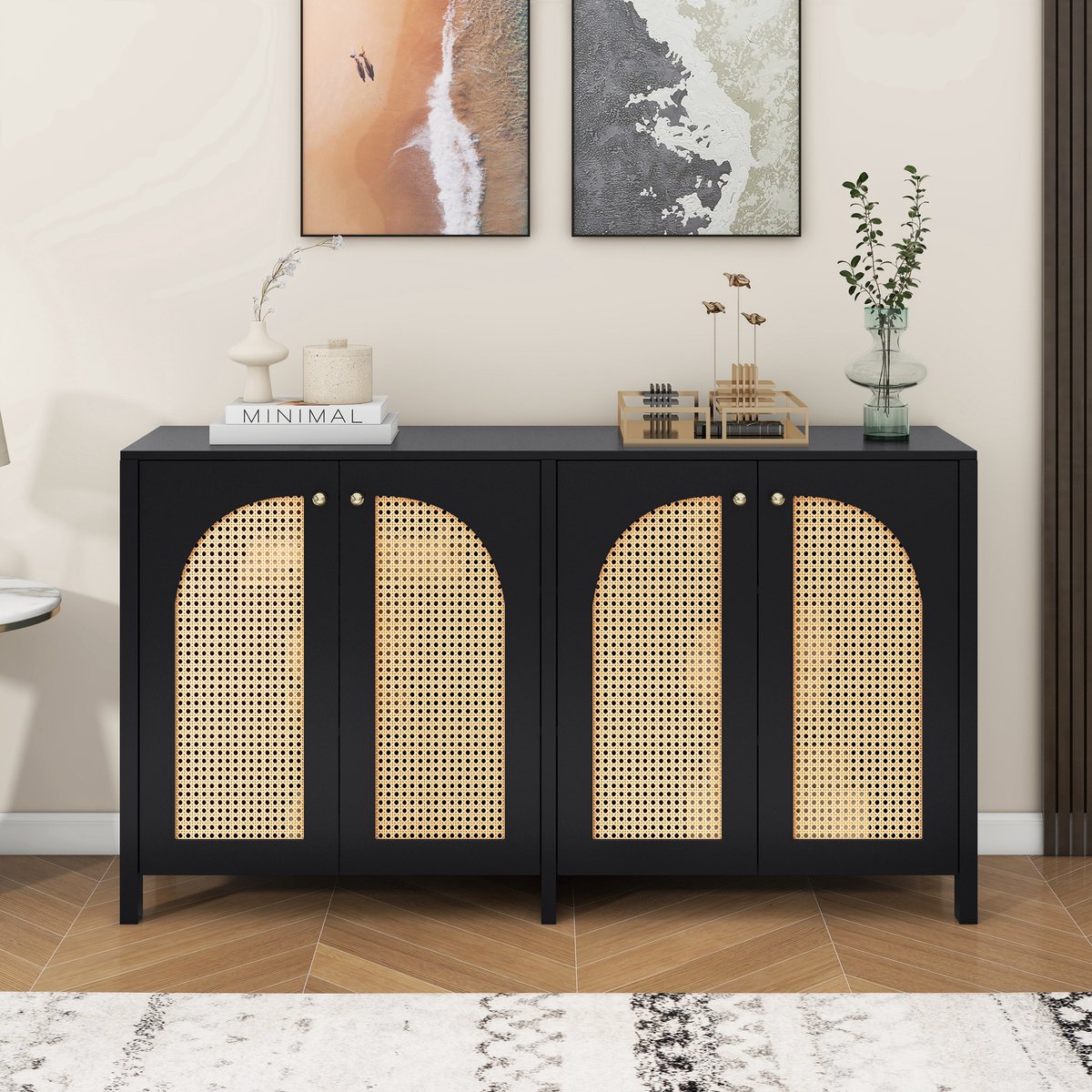 Sweiko Een Moderne Bestekkast in Minimalistische Stijl met vier rieten deuren en metalen handgrepen Een eenvoudige Buffetkast in de eetkamer, Woonkamer en keuken (Zwart)