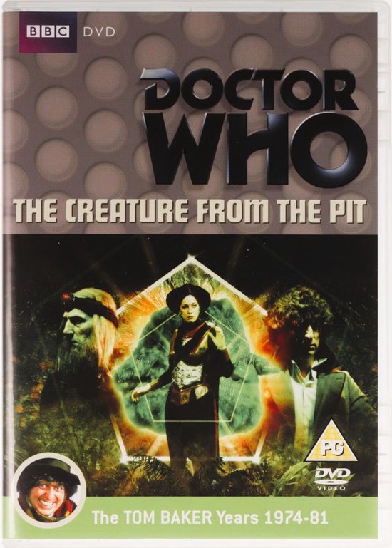 DVD-hoes van Doctor Who: The Creature from the Pit, met Tom Baker en anderen, omringd door een groene gloed.