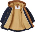 Omkeerbare parka voor jongensbaby, met bruine en marineblauwe vlakken. De binnenkant toont een bruin teddyvest.