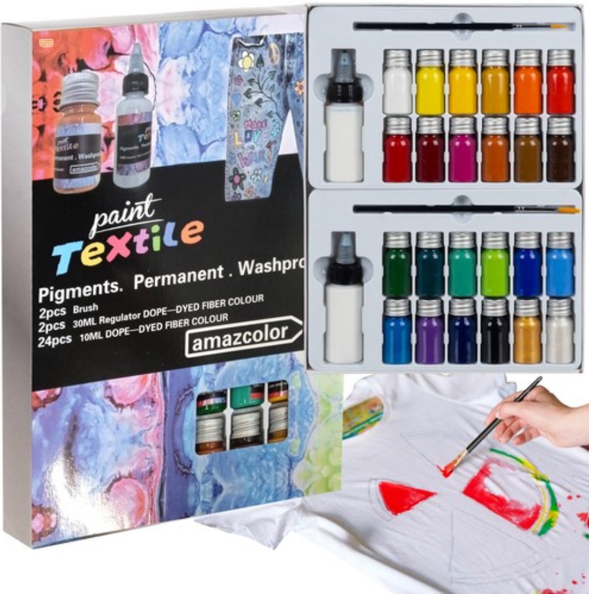 Playos Textielverf 24 x 10 ml Inclusief 2 Penselen Permanent Creatief Speelgoed Kinderen en Volwassenen Knutselen