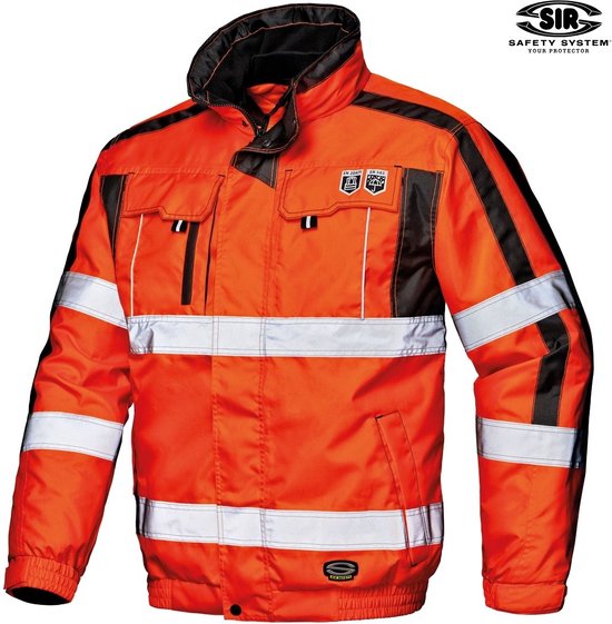 Oranje pilotjack met zwarte accenten, reflecterende banden op body en mouwen, borstzakken en staande kraag.