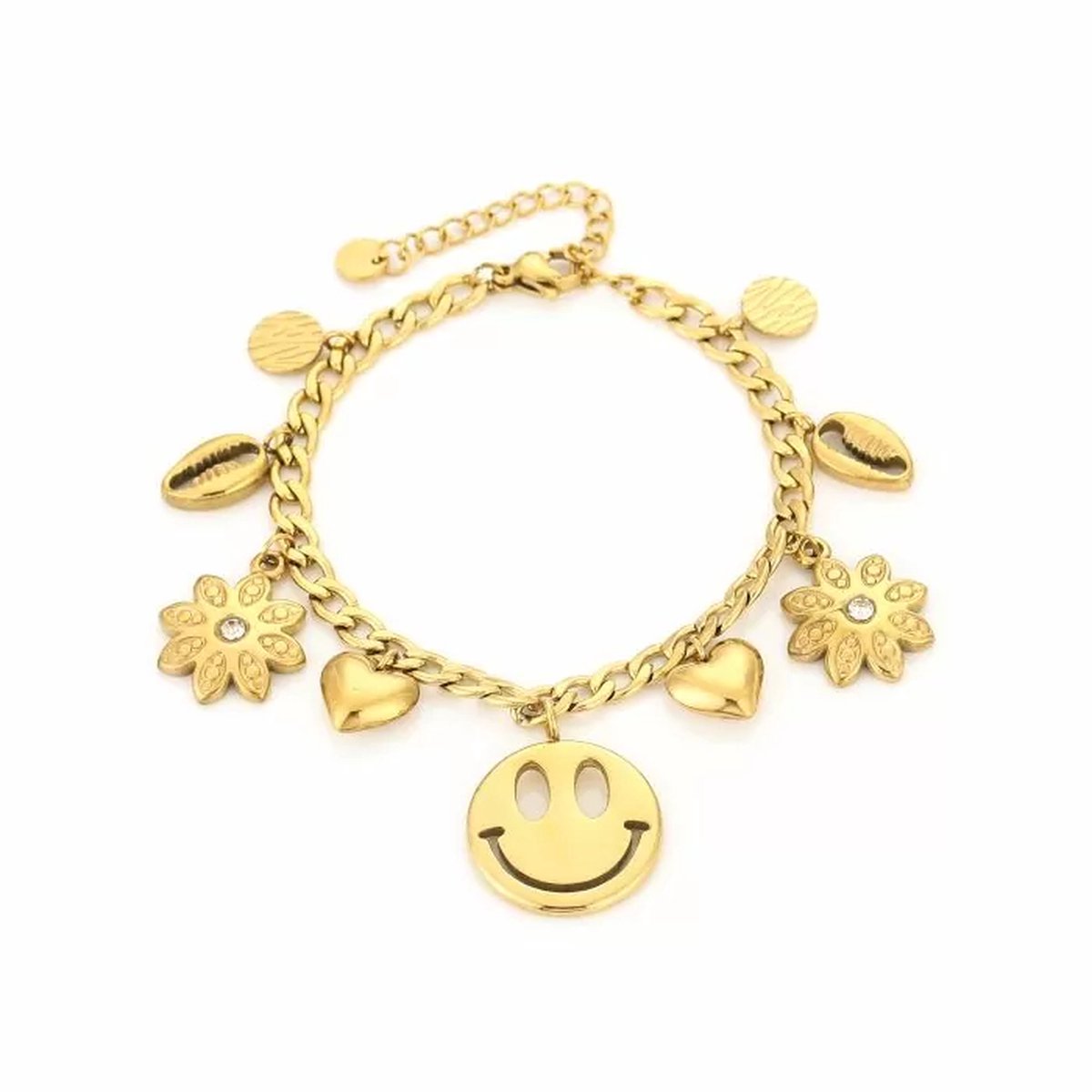 Armband met bedels - goud stainless steel sieraad - bedelarmband - smiley bloemen schelp hartjes