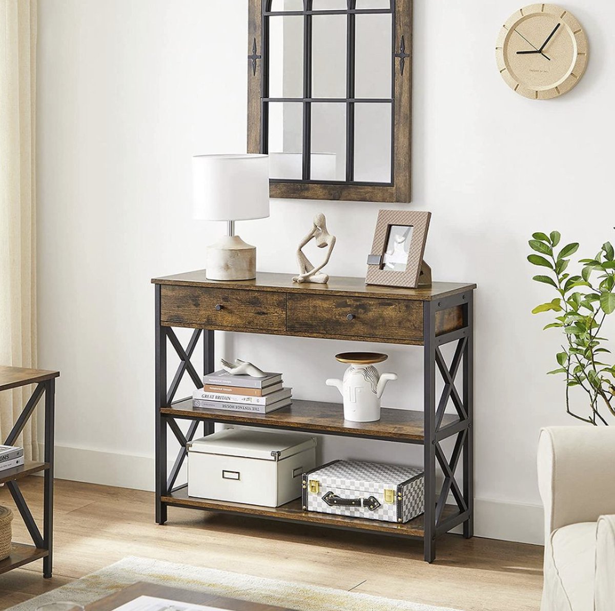 MAZAZU MIRA Home Consoletafel met 2 Lades - Bijzettafel voor de Hal - Industrieel - 100x33x80 cm Bruin