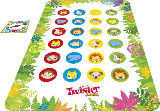 Twister Junior speelmat met dierenafbeeldingen en een draaiwiel.