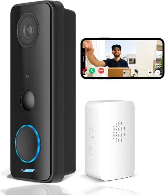 Foto: Safelink smart video deurbel full hd video wifi sd kaart slot slimme draadloos deurbel met batterij nachtvisie bewegingssensor zwart ios andriod app met camera en wifi inclusief draadloze gong geen abonnement waterdicht