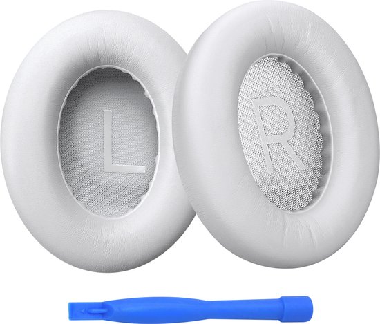 Coussinets d'oreille blancs de remplacement pour casque, marqués L et R, avec un outil bleu.