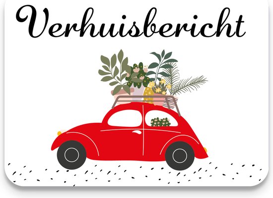 Studio Juulz - Verhuiskaart 25 x ROOD KEVER AUTO MET PLANTJES | Volkswagen | Verhuiskaarten | Verhuizen | Adreswijziging | Verhuisbericht | Nieuw huis | Samenwonen | Lief | Modern | Huisje | A6 | rood