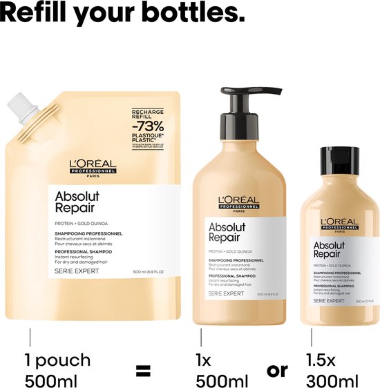Trois produits L'Oréal Professionnel : une recharge de 500ml et une bouteille de 500ml, ou 1.5x bouteille de 300ml.