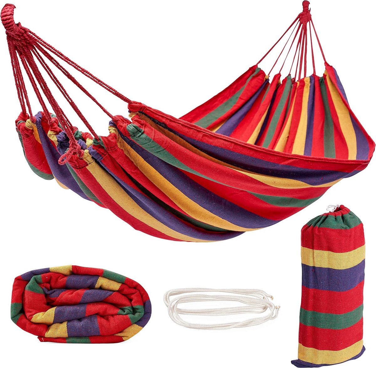 Draagbare Katoenen Hangmat met Draagtas, 270 x 150 cm (Max. 150 kg) - Stevig, Duurzaam en Eenvoudig te Installeren - Ideaal voor Tuin, Strand, Camping en Wandelen