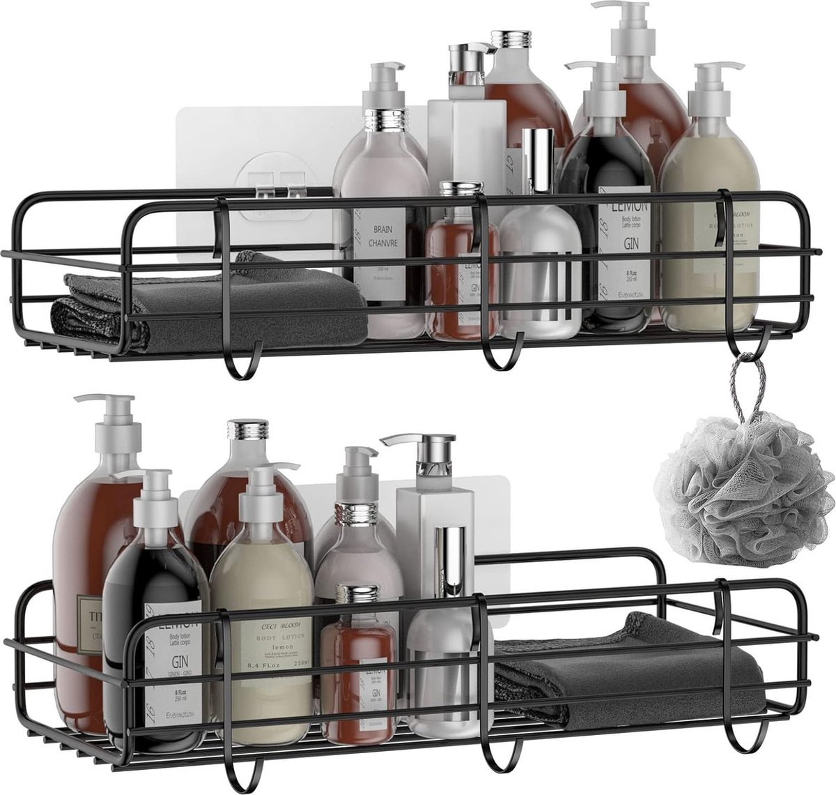 Set van 2 Zelfklevende Douche Caddy’s - Roestvrijstalen Opbergrek met 6 Haken, Wandmontage Zonder Boren, Badkamer Organizer voor Douche, Toilet en Keuken - Zwart