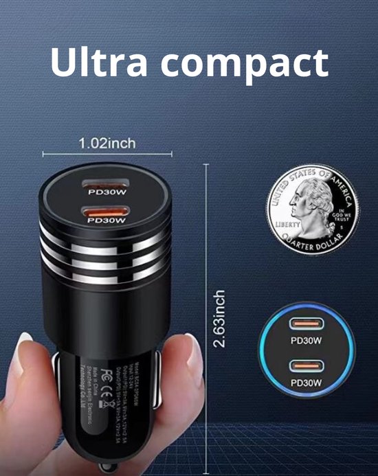 Chargeur de voiture Rolio 60W - 2x USB C - Chargeur rapide - Universel - Chargeur de voiture - Accessoires de voiture