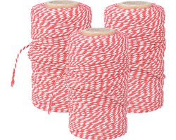 Keuken bindtouw - 100 meter - rood/wit - 3x - Katoenen bakkerstouw op rol - Baktouw/slagerstouw