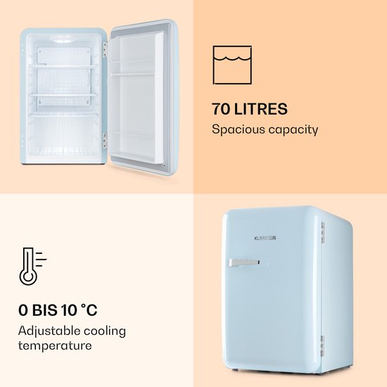 Klarstein Koelkast Audrey Mini retro - volume: 70 Liter - Temperatuur: 0-10 °C - 4 Niveaus - 2 Deurvakken - 3 Schappen - Compressiekoeling - mechanische thermostaat - retro design - Jaren 50 look Blauw - voor Keuken voor Kantoor van Klarstein — afbeelding 5