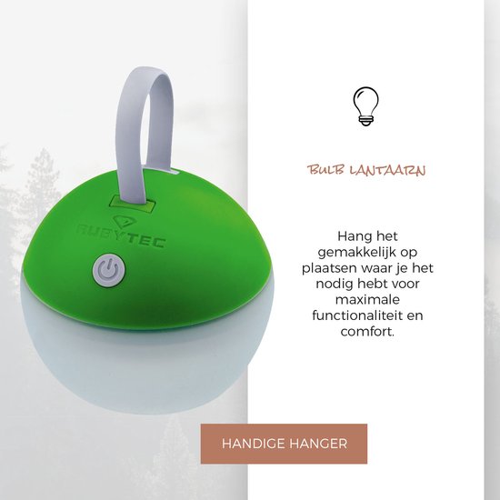 Rubytec Bulb USB lantaarn - 10.2 x ø 8 cm - 3 Lichtsterktes - Oplaadbaar via USB - Spatwaterdicht - Buitenlamp - Buitenverlichting - Geen Batterijen - Hanglantaarn - ABS - Campinglamp - Groen van Rubytec — afbeelding 2