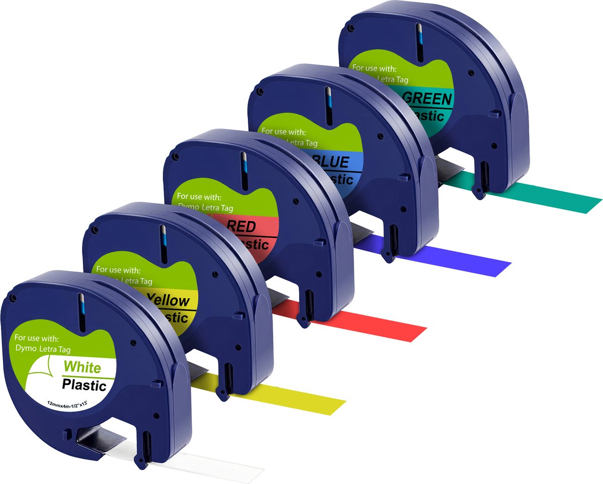 Label compatible Dymo LetraTag - Plastic label 91201 91202 91203 12 mm x 4 m - Set van 5 wit/blauw/geel/rood/groene linten