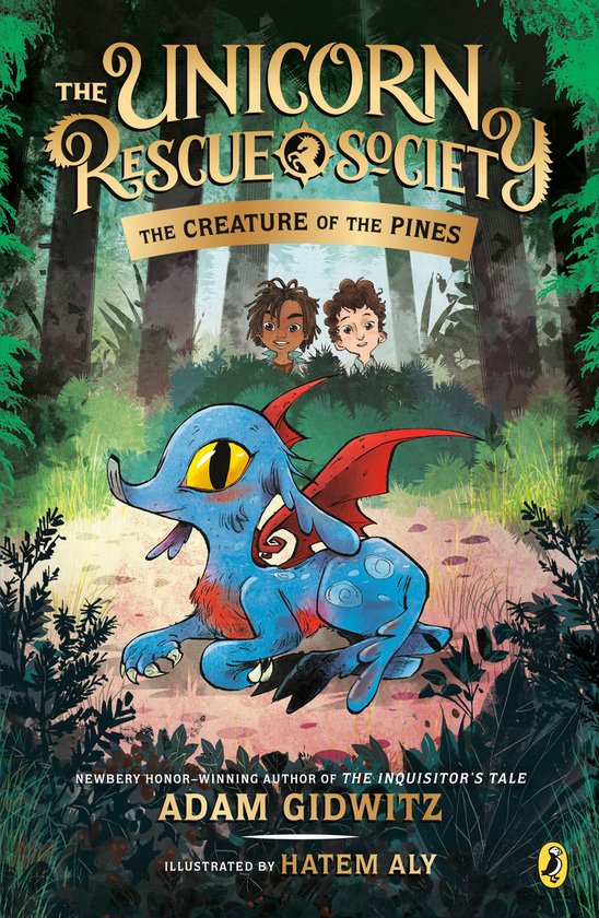 Boekomslag: blauw wezen met gele ogen, rode vleugels, in een bos. Titel: The Unicorn Rescue Society - The Creature of the Pines.