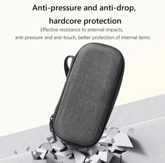 Grijze Insta360 X4 draagtas, 'Anti-pressure and anti-drop, hardcore protection'.