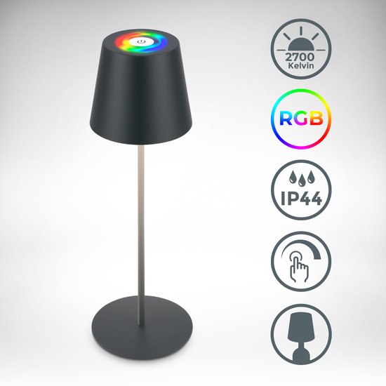 Lampe de table noire moderne sur pied rond, anneau lumineux RVB. 2700K, IP44, contrôle tactile. Sur fond gris neutre.