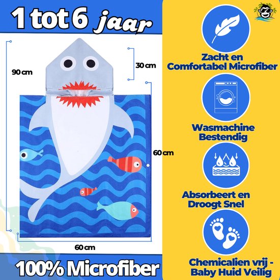 BoefieBoef Kinder Badponcho - Baby Badcape - Microfiber Kleuter Badjas Met Capuchon - Kerst Cadeau - Peuter Strandponcho Voor Kinderen tot 6 jaar - 60x90cm - Haai Blauw - jongens - meisje - Peuter - Zomer - Strandlaken - Surfponcho van Merkloos — afbeelding 2