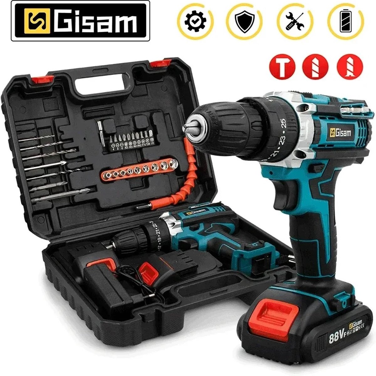 Slagschroevendraaier- Multifunctionele accuboormachine -Elektrisch gereedschap 25 + 3 koppelinstellingen- 2 batterijen - elektrische schroevendraaier