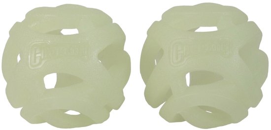 Twee lichtgevende, open gewerkte ballen in off-white, op een witte achtergrond.