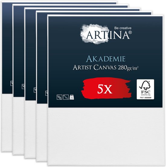 Vijf verpakkingen met ARTINA AKADEMIE Artist Canvas 280 g/m², wit, 100% katoen, met FSC®-logo.