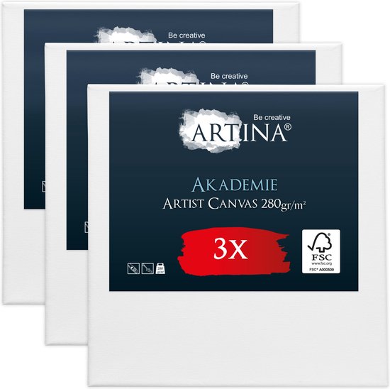Drie witte Artina Akademie canvases van 30x30 cm op een donkerblauw pakket met "ARTINA AKADEMIE ARTIST CANVAS 280gr/m² 3X" en FSC-logo.