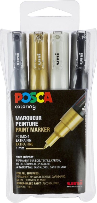 POSCA 4 metallic verf markers: zwart, zilver, grijs en goud.