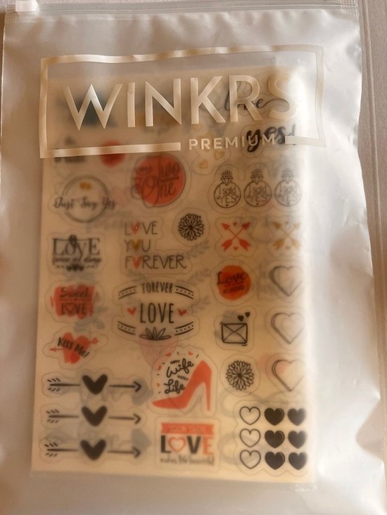 Verpakking met transparante stickers voor bruiloft en huwelijk in de thema's liefde, hartjes.