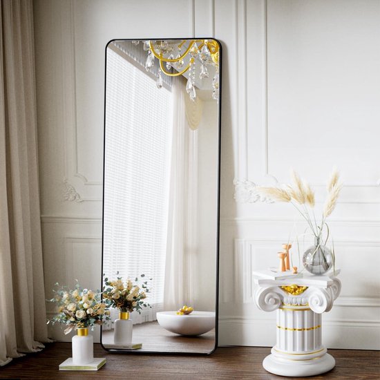 RLAVBL Zwarte Staande Spiegel 140x40 Cm - Aluminium Frame, Gehard Glas, Afgeronde Hoeken