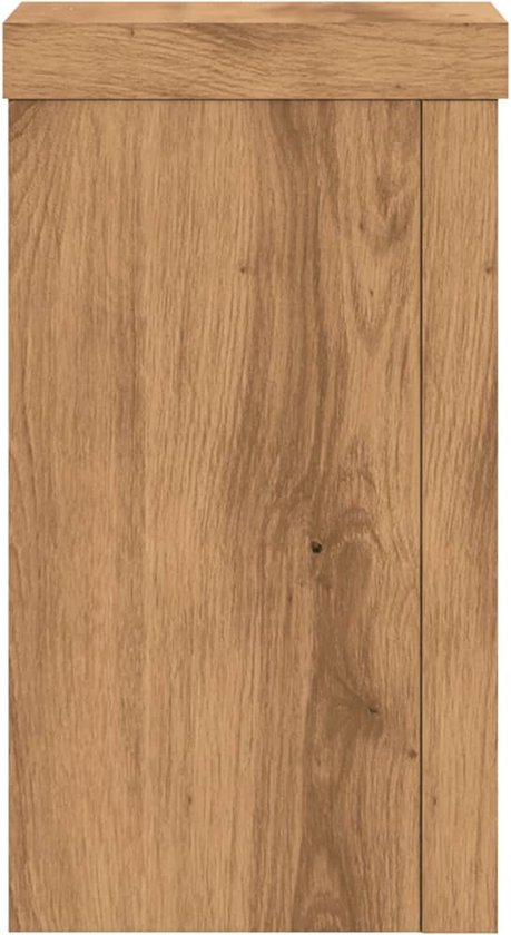 Houten plantenstandaard met een ladefront met houtnerf.